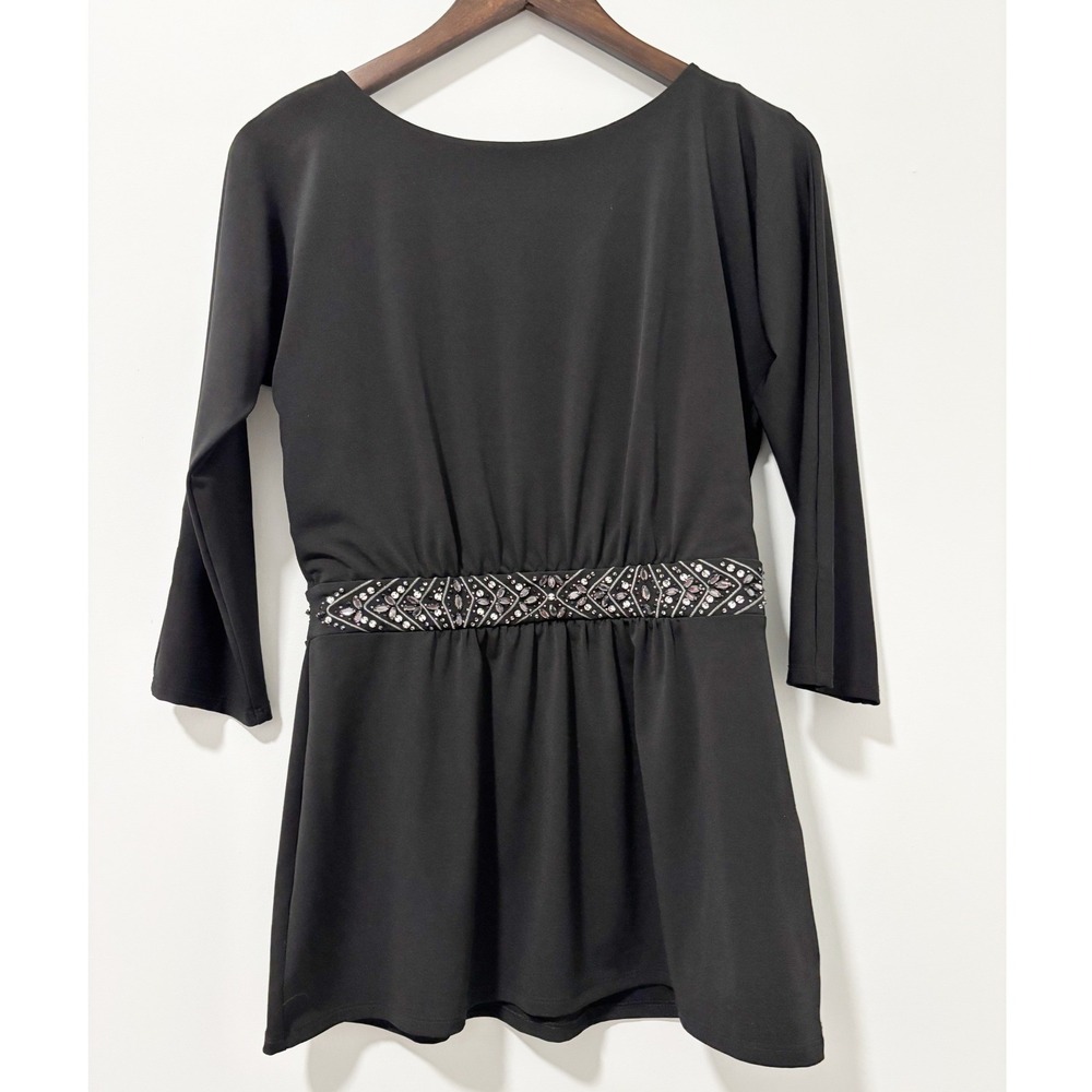 White House Black Market Tunic Women S Black Embellished Waist 3/4 Sleeve Top